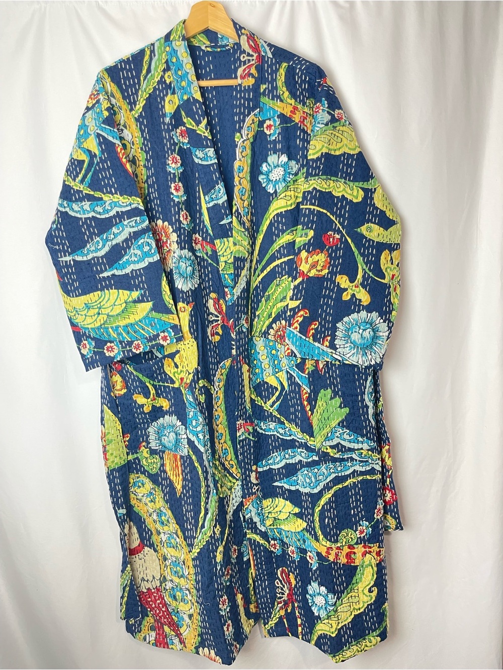 Multicolor Bird Floral Kantha Robe Cotton Kimono Boho One Size belted